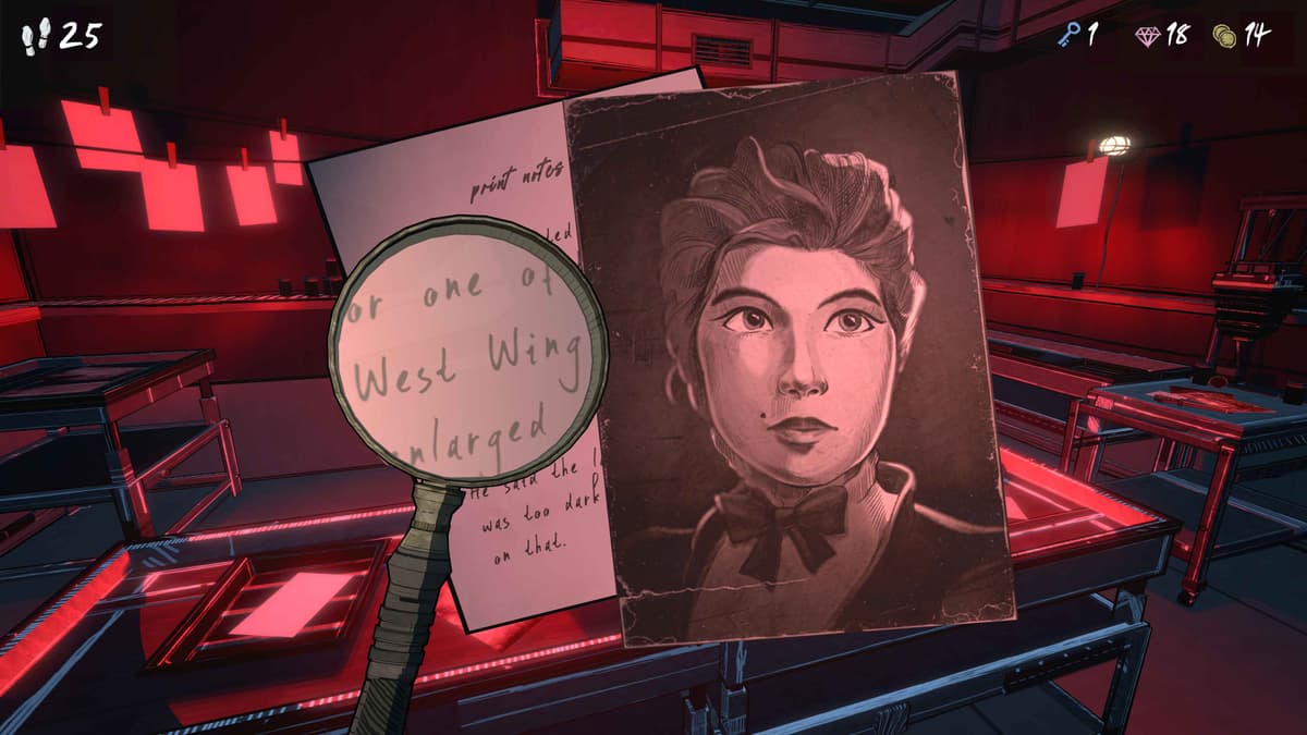 A magnifying glass examining a note mentioning West Wing alongside a portrait