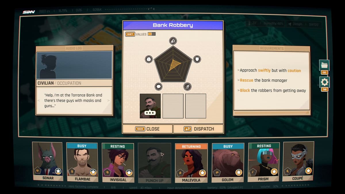 The dispatch interface showing a Bank Robbery mission with hero selection