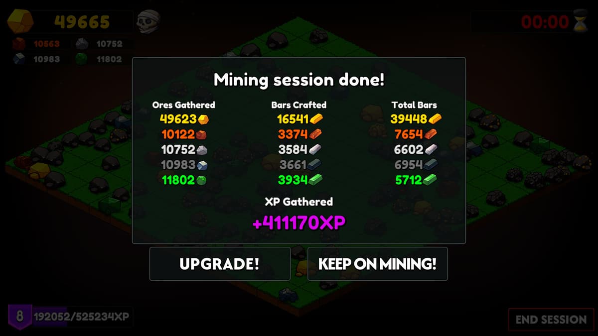 Mining session complete screen showing ore and bar totals