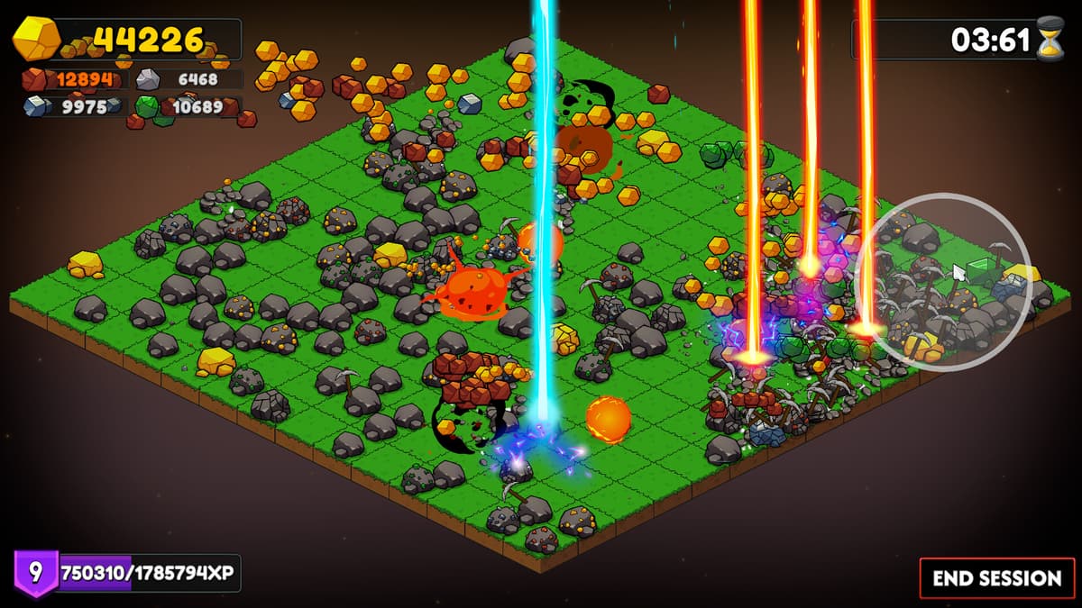 Keep on Mining gameplay showing rocks being mined with pickaxes and colorful ore collection