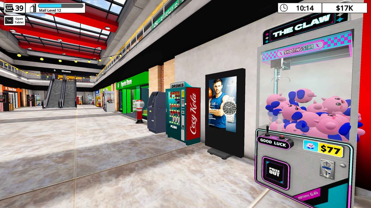 General mall view showing claw machines and vending machines