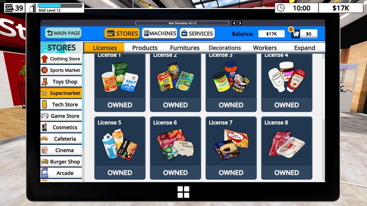 Tablet interface showing different stores and licenses to purchase