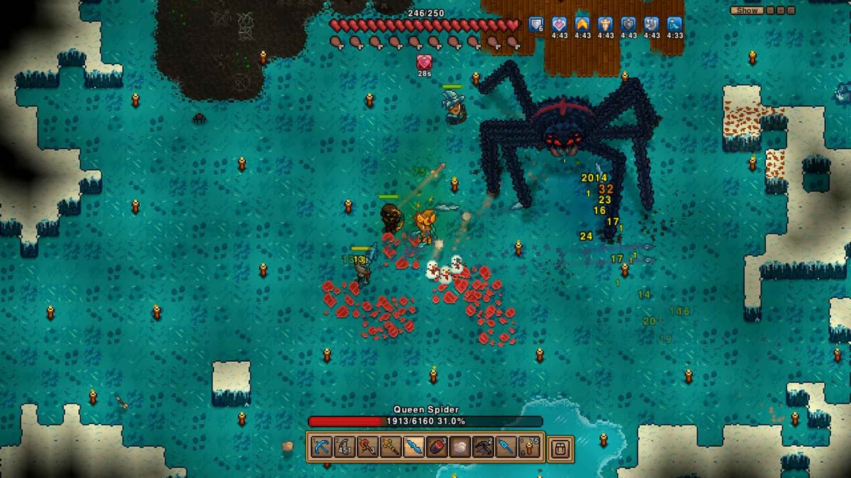 Fighting a massive spider boss surrounded by hostile creatures in Necesse