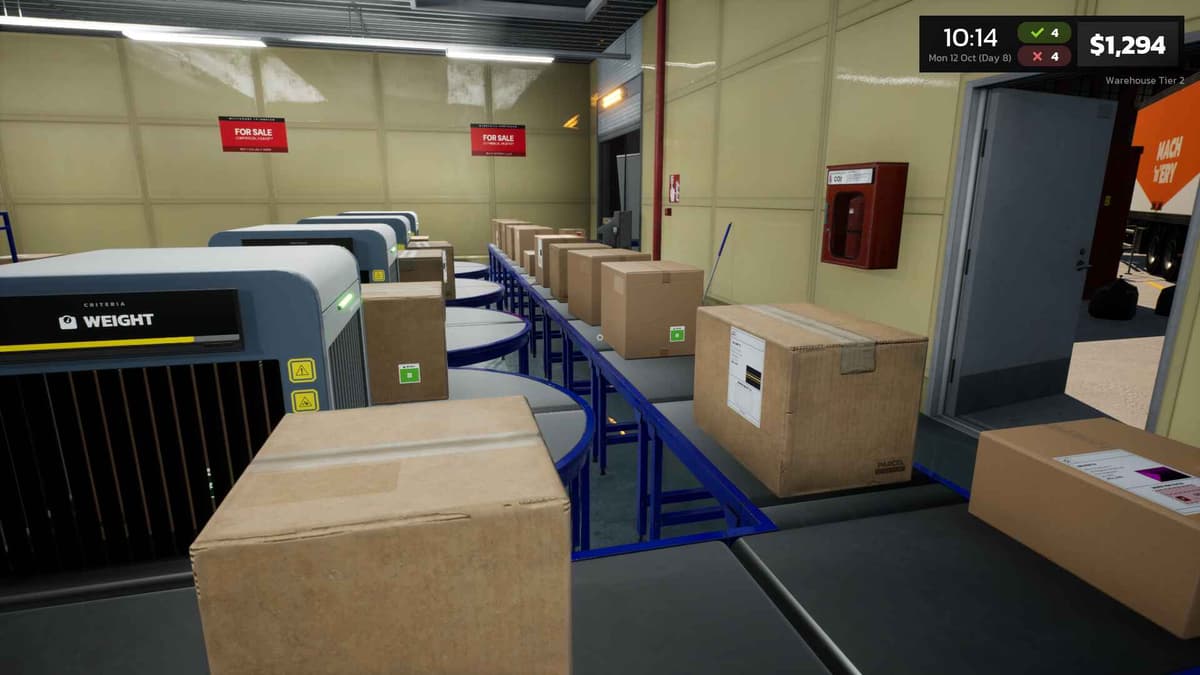 Warehouse view showing conveyor belt system with multiple parcels being sorted