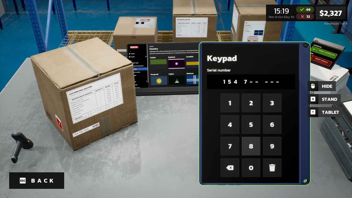 Entering package weight on a keypad interface while checking package details
